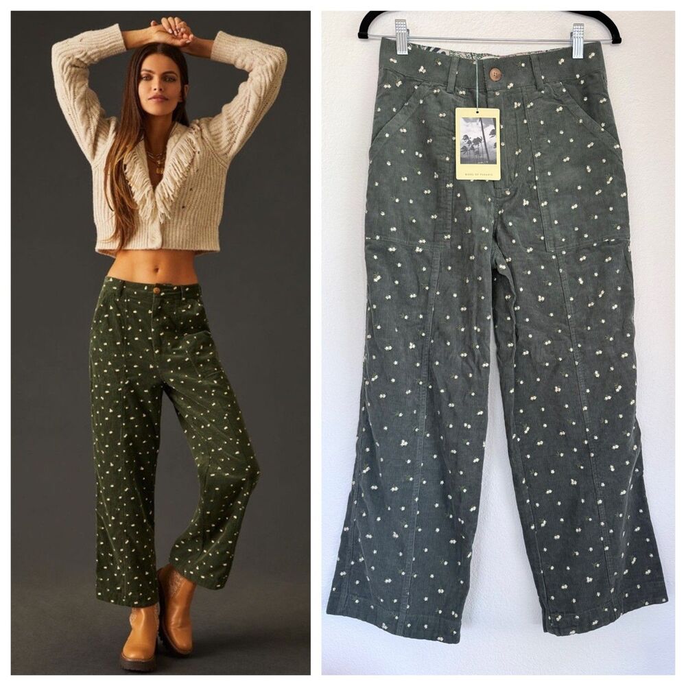 NEW Trovata Birds of Paradis Celia Embroidered Wide Leg Cords in Forest Green 4